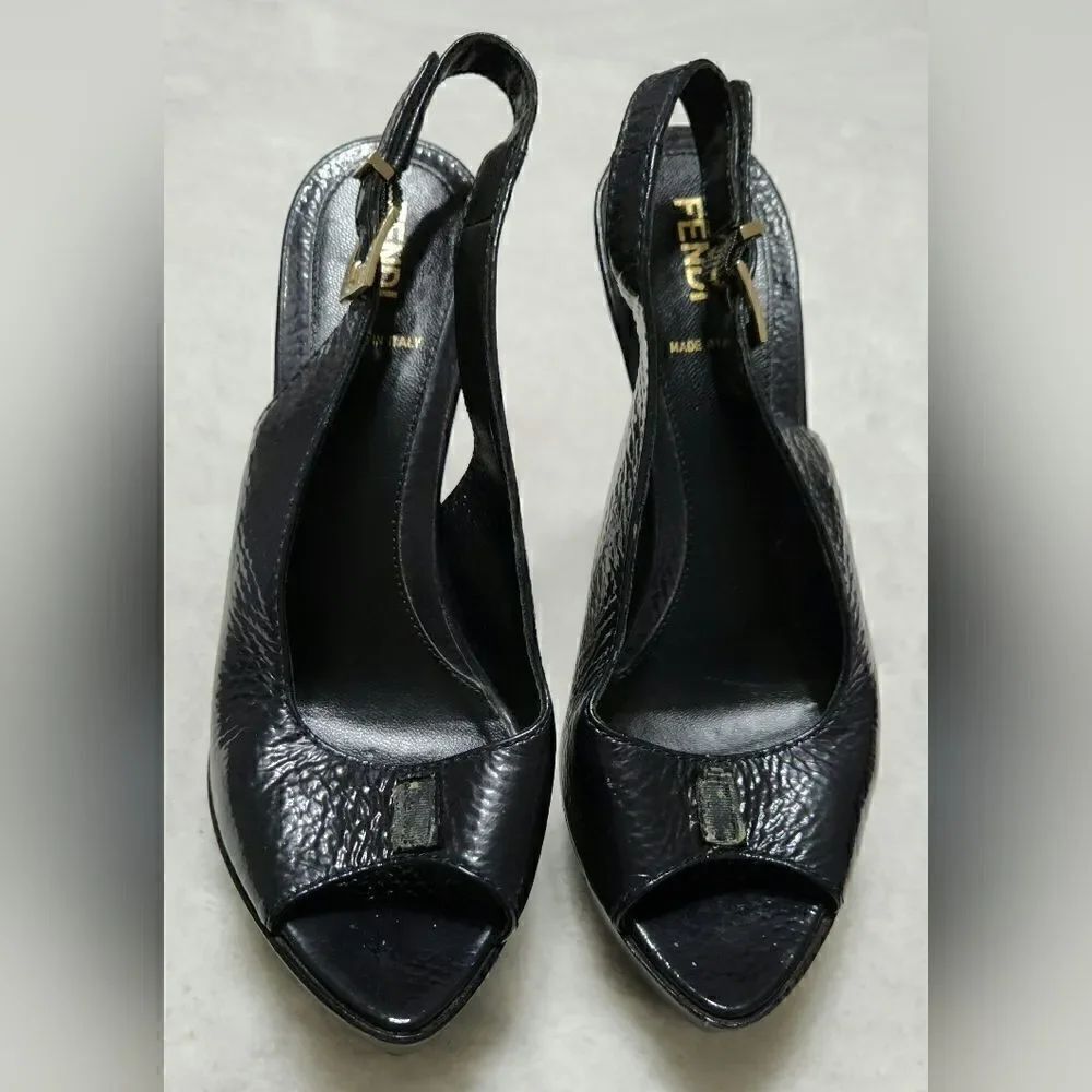 Fendi 37 Black Heels Pumps Platform Slingback Peep Toe Shoes